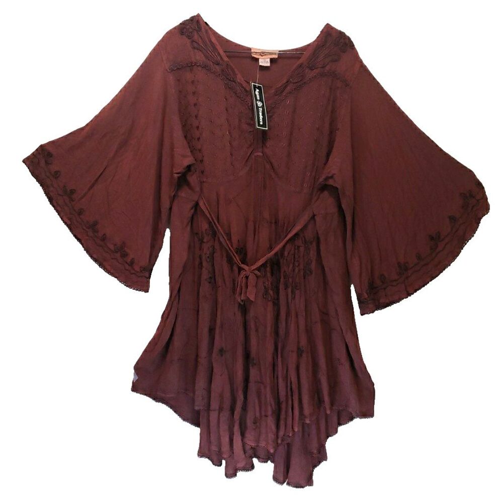 NWT Agan Traders 3X Burgundy Boho Embroidered Dress Bell Sleeve Hi-Low Hem